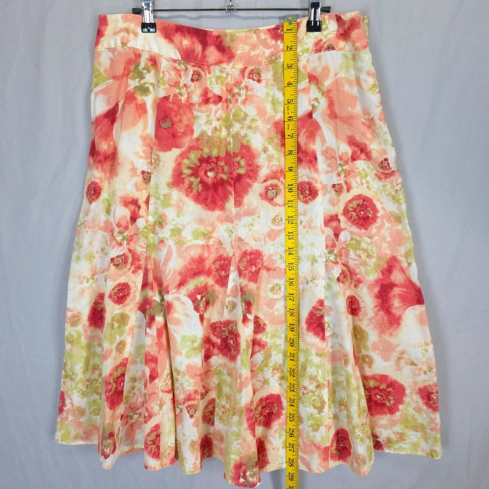 Watercolor Floral Linen Skirt Peach Coral Boho Flowy Midi Women 12 JM Collection